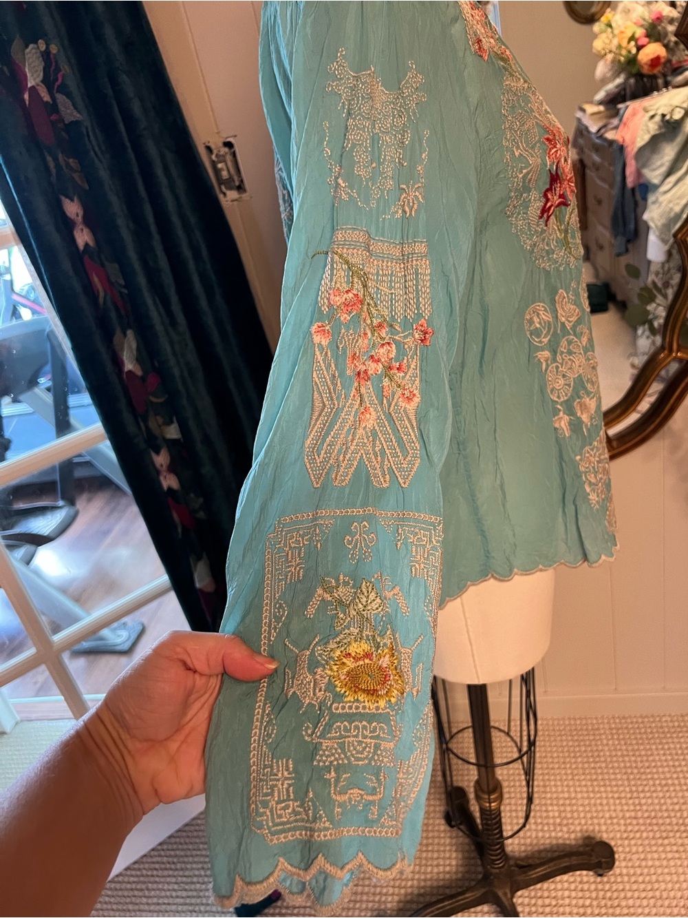 Johnny Was Embroidered silk Turquoise Floral Button-Front Women's Top - Picture 11 of 16